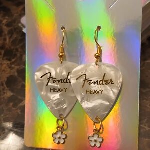 Fender White Mother-of-Pearl Guitar Pick Earrings with Flower Charm